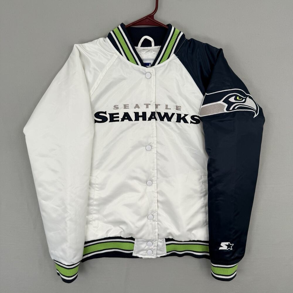 Starter NFL Seattle Seahawks Full Snap Navy White Satin Quilted Jacket Sz Medium